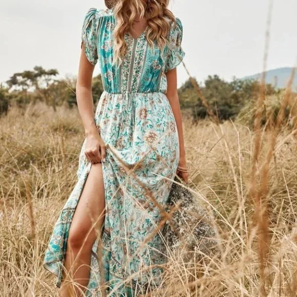 Boho Shabby Chic Floral Tie Front Split Thigh Dress - Picture 2 of 7